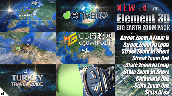 E3D制作地球變焦包 三維地圖地球 街道跟蹤  Videohive Earth Zoom Pack AE模板
