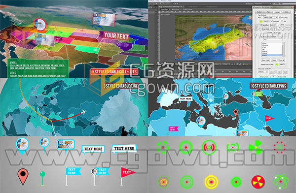 AE模板 3D世界地图三维中国地图城市辐射连接全球领地划分信息图表