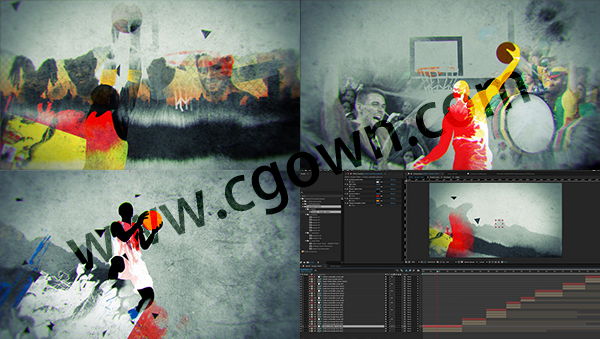AE模板 彩色水墨动画元素设计NBA篮球体育锦标赛电视包装片头宣传