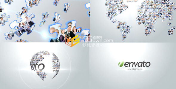 AE模板 企业公司照片或视频组成世界地图拼图旋转演绎标志宣传片头