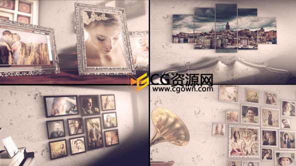 AE模板 復(fù)古歐式木制室內(nèi)玻璃相框回憶相冊家庭婚禮紀念照片展示 免費下載