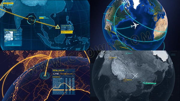 AE模板 三维地球地点连线演习高科技网络数据传输通信军事飞机侦察 E3D工程