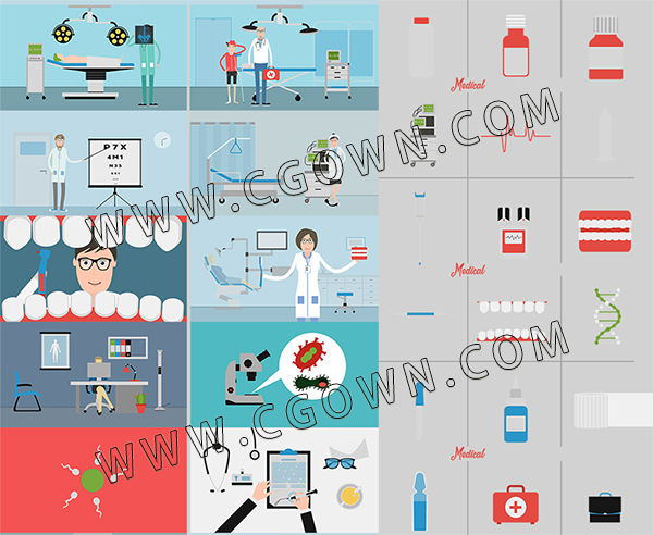 医院MG动画宣传视频AE模板医生护士卡通人物绑定诊所医疗设备场景