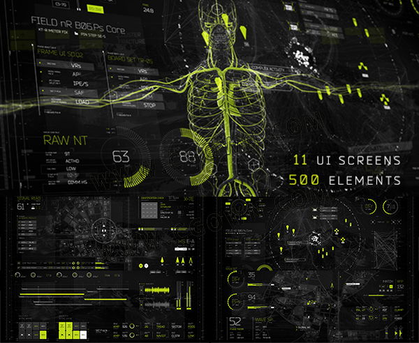 500+高科技幻HUD信息图表科AE模板计算机数据UI界面屏幕透视人体