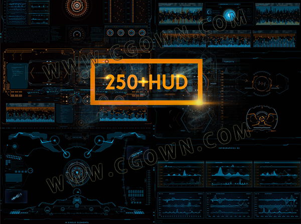 AE模板-250种4K分辨率高科技科幻UI触控屏幕界面HUD元素图形动画