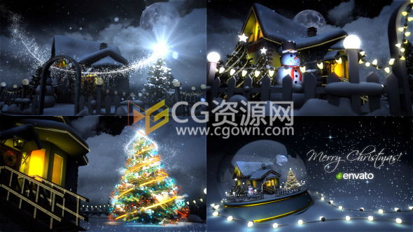 慶祝圣誕節(jié)三維場(chǎng)景片頭動(dòng)畫(huà)魔法雪球房子圣誕樹(shù)燈光 AE模板