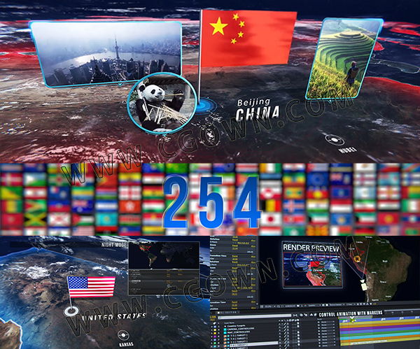 AE模板工程-三维地球地图国家国旗边界军事地点科技感目标点动画