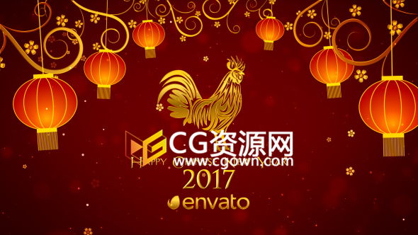 AE模板2017年片头中国灯笼黄金色鸡年新春片头动画工程4K分辨率