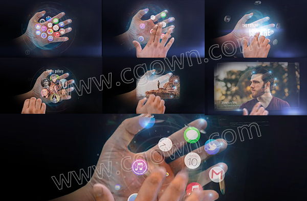 AE模板未来概念智能手机交互式全息图HUD投射触摸技术演示动画