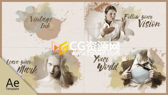 復(fù)古風(fēng)格水墨滴落飛濺遮罩動畫圖文開場視頻片頭制作-AE模板下載