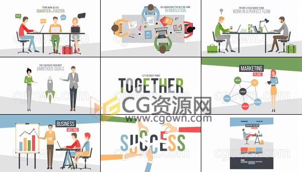 卡通人物場景解說MG動畫社交媒體團隊合作2D演示視頻-AE模板工程