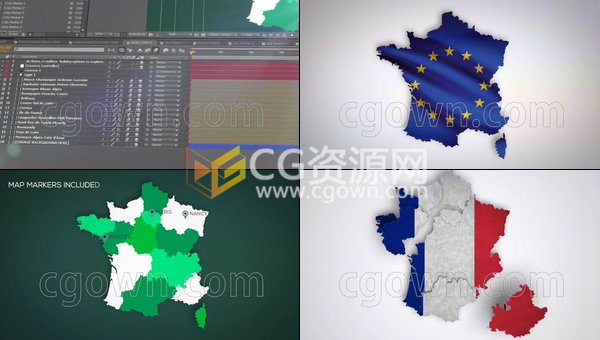 法國地理信息圖形地圖標記模塊化4K動畫視頻制作-AE模板工程
