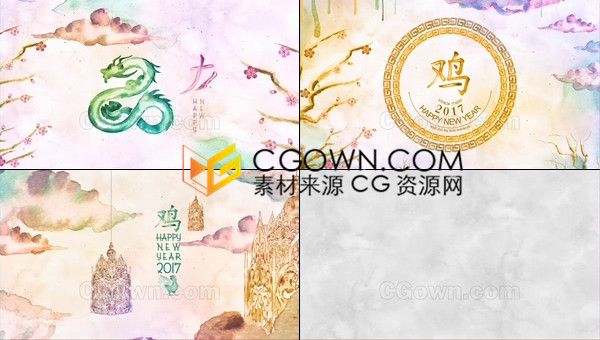 十二生肖大全水彩水墨中國龍新年片頭動畫視頻制作-AE模板下載