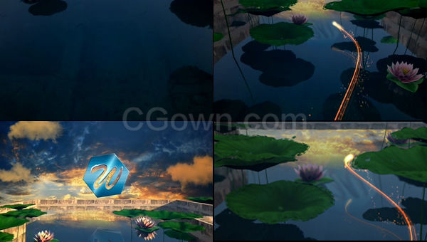 中国风荷花池水面金色粒子光线展示夕阳下荷塘开场片头LOGO动画-AE模板下载