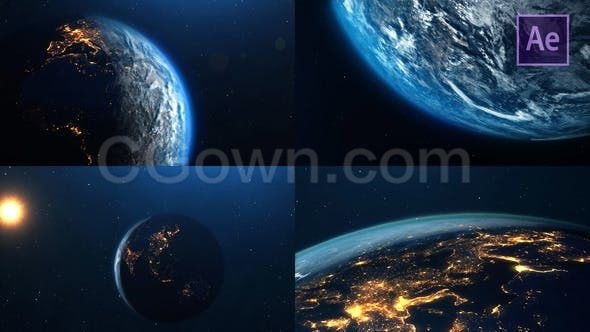 宇宙空間地球五景展示夜晚白天切換耀斑特效-AE模板下載