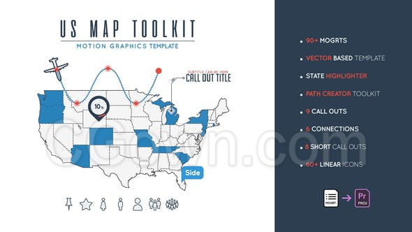 美国地图工具包线性动画地图图标商贸演示旅行路径生成器-PR预设文件下载