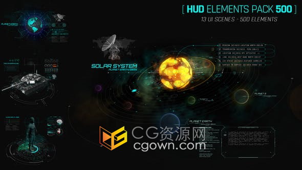 500組HUD科技UI銀河系軍事雷達武器動態(tài)信息圖形動畫元素-AE模板下載