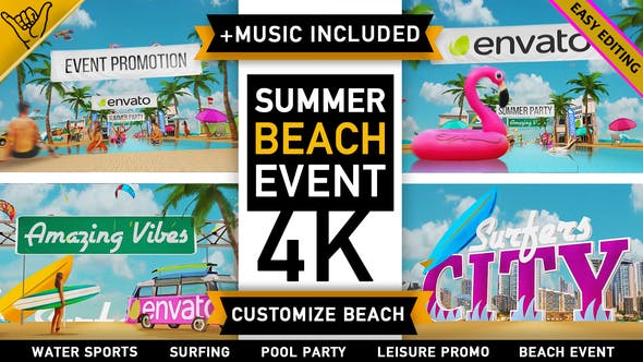 4K独特娱乐介绍三维摄像机运动展示夏季海滩泳池派对休闲活动开幕-AE模板