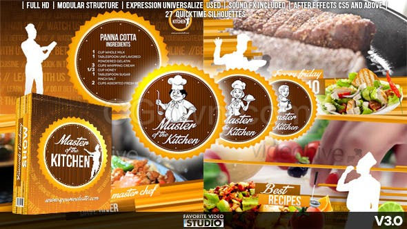 烹饪美食节目电视广播栏目包装餐厅食物宣传厨师剪影动画效果-AE模板下载