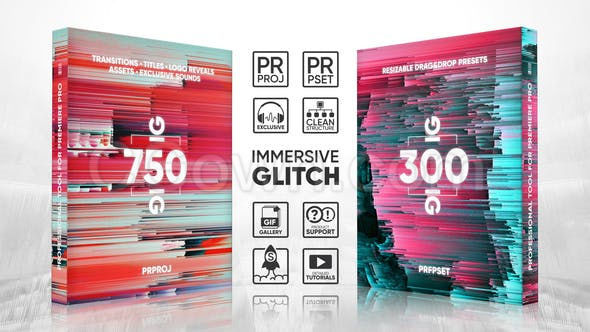 PR模板-超高质量炫酷故障过渡拖放预设视频效果综合工具含300个音效特效包