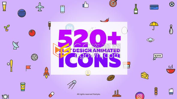 520+动画图标涵盖互联网IT医药交通食品植物娱乐等主题-AE模板下载