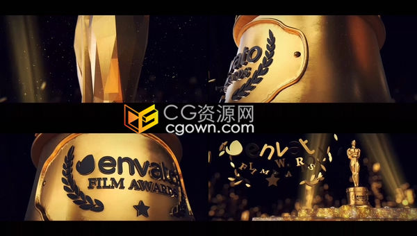 E3D黄金材质打造金光闪闪粒子环绕小金人奖杯电影晚会颁奖典礼奖项提名LOGO片头-AE模板
