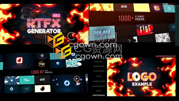 1000组FX卡通手绘火焰烟雾水流雷电能量图形MG动画+视频素材与AE脚本模板