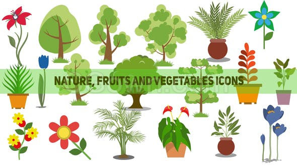 110组大自然水果蔬菜ICON图标动画包制作自然食品商场类型宣传视频动画-AE模板下载