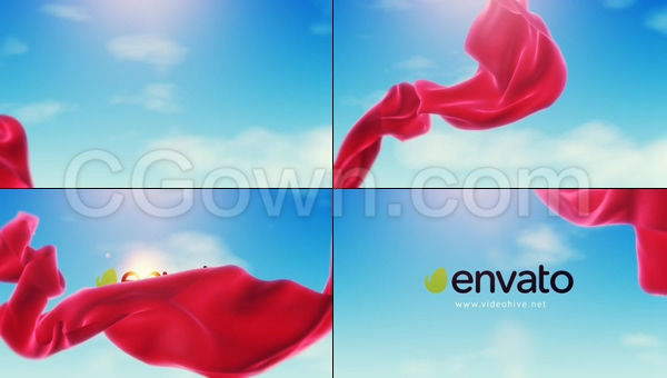 红色丝绸面料波浪形飞舞天空中飘逸展示LOGO动画-AE模板下载