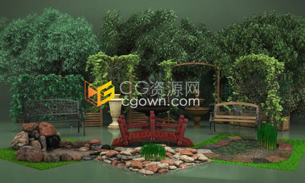 59个高精度喷泉雕塑休闲花园绿植椅子元素模型文件MAX/C4D/FBX/OBJ格式下载