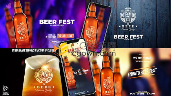 啤酒节广告社交媒体啤酒品牌推广4K啤酒杯啤酒瓶模型包含音效AE模板下载