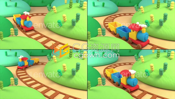 环行卡通火车和山脉风景动画展示玩具产品广告儿童节目旅游频道包装背景素材