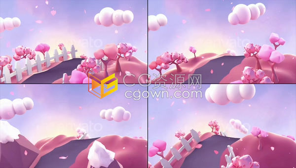 卡通循环3D樱花山与空中花瓣飘荡效果动画节日介绍浪漫表演开场背景视频素材