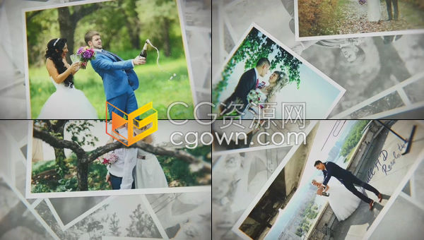 AE模板-通用浪漫婚礼视频相册黑白照片堆背景彩色相片突显幻灯片展示