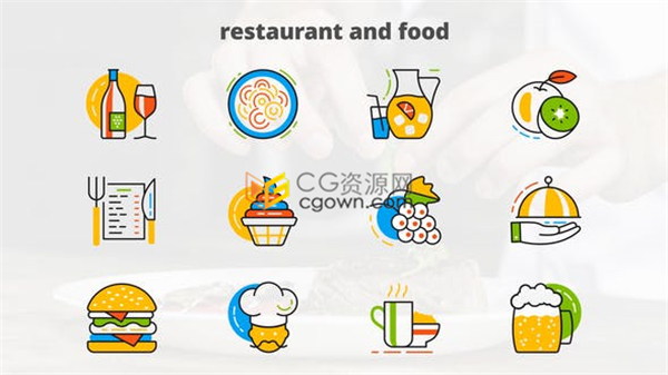 餐飲食品食物相關(guān)方面Icons動畫圖標(biāo)設(shè)計(jì)圖形視頻效果-免費(fèi)AE模板