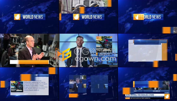 世界新闻栏目电视新闻频道整体包装背景循环字幕条分屏转场开场元素-AE模板下载