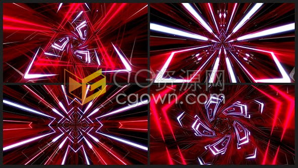 4组红色隧道VJ素材闪烁发光LED霓虹灯闪光灯图形动画背景视频下载