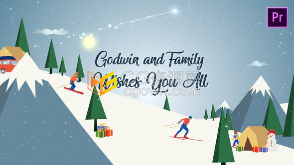PR预设-下雪天卡通山上滑雪情景动画展示圣诞节祝福片头