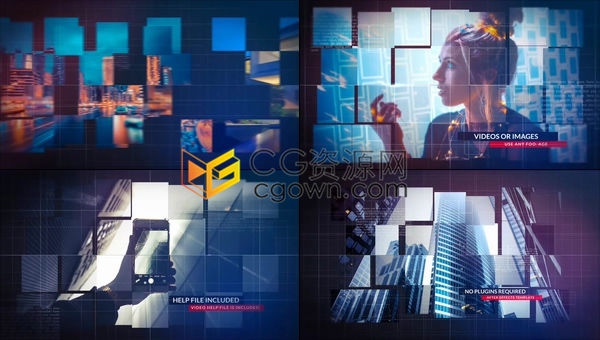 商务透明玻璃片网格矩阵拼接面画展示汽车公司房地产建筑企业宣传幻灯片-AE模板