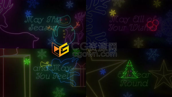 PR预设-漂亮霓虹灯彩色圣诞装饰品元素动画制作节日派对邀请电子贺卡