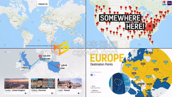 完整的世界旅行地图工具包制作旅行社广告环游世界节目vlog酒店广告动画AE模板
