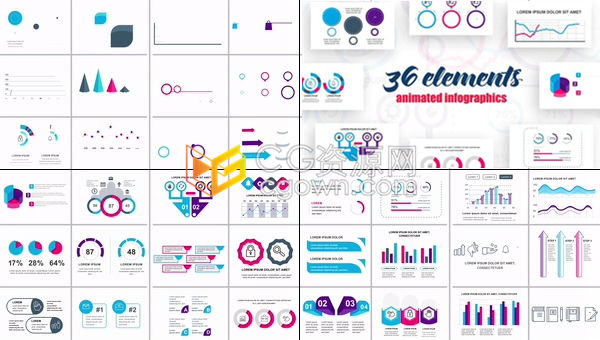 36种现代公司彩色信息图表元素数据分析图标统计流程图-AE模板