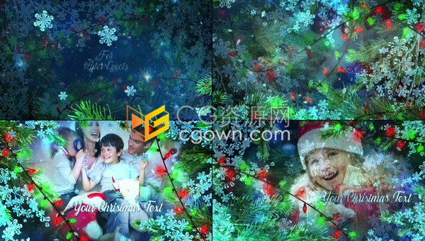 非常精美的圣诞相册圣诞树枝霜挂雪花降落彩灯闪烁元素制作节日视频-AE模板