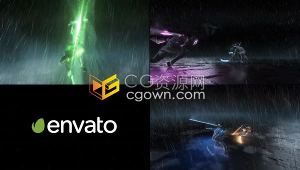 超燃黑暗雨天场景机器人忍者战斗激光剑舞粒子爆发标志LOGO片头-AE模板