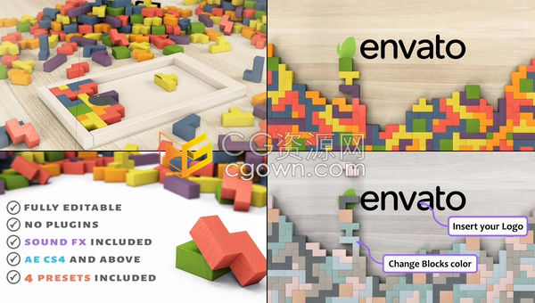 街机俄罗斯方块小游戏积木拼图揭示玩具品牌LOGO片头-AE模板下载