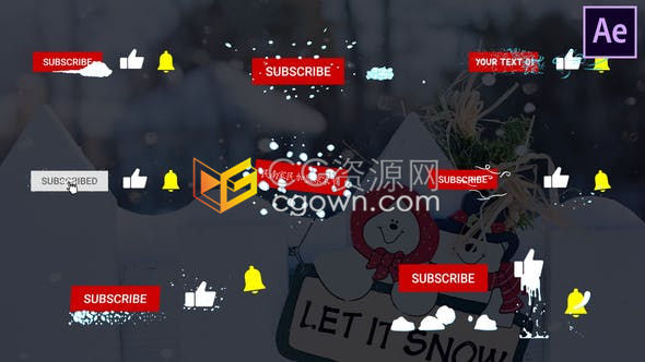 社交媒體平臺關(guān)注通知鈴聲訂閱按鈕卡通雪花字幕標(biāo)題元素動畫-AE模板