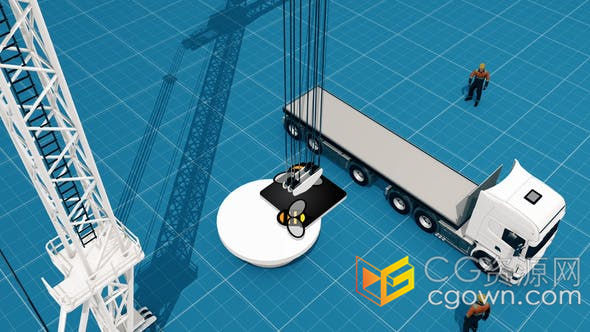 三维工地施工建筑场景卡车搭载品牌图形吊塔构建品牌标志LOGO动画-AE模板