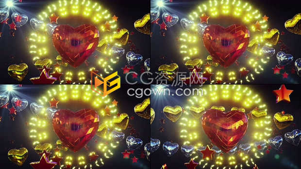 4k分辨率闪亮3D心形霓虹灯玻璃水晶星星动画VJ背景视频素材下载