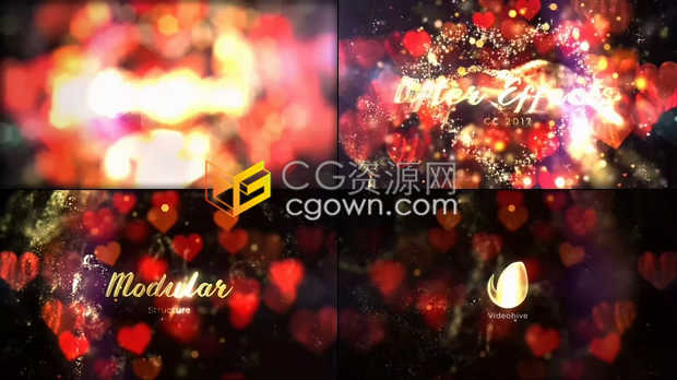 高贵金色心形粒子红色心元素浪漫情人节婚礼宣传视频片头-AE模板下载