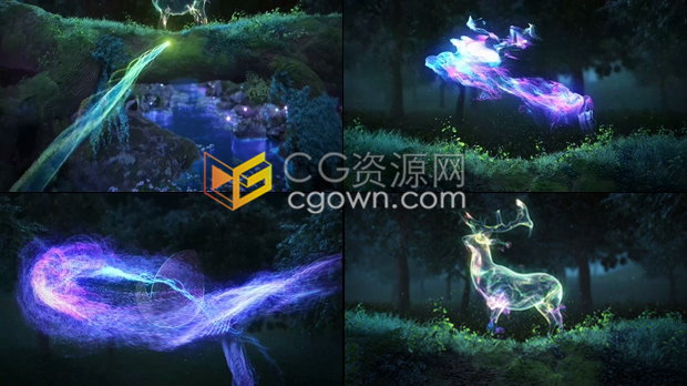 魔法粒子路径动画河流森林草地鹿动物光效形状演绎LOGO片头-AE模板下载